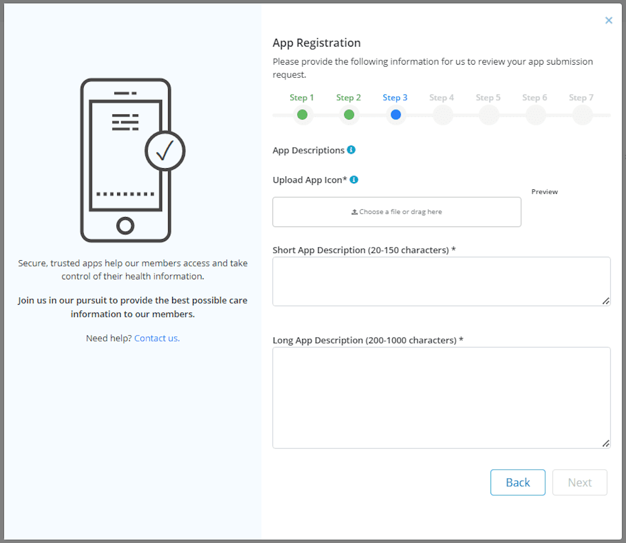 App registration progress bar with description fields