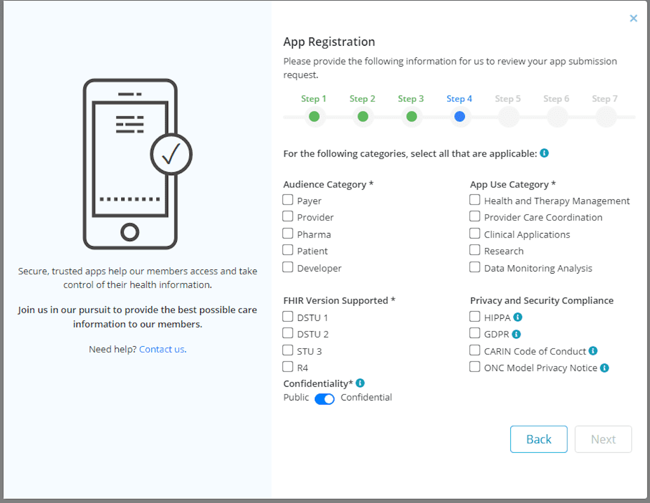 App registration progress bar with category fields