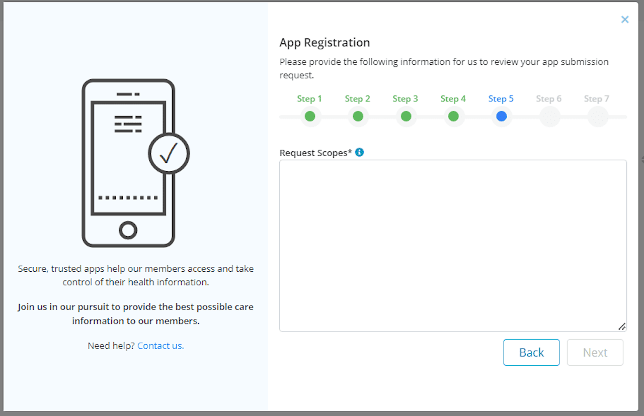 App registration process with Requested Scopes field