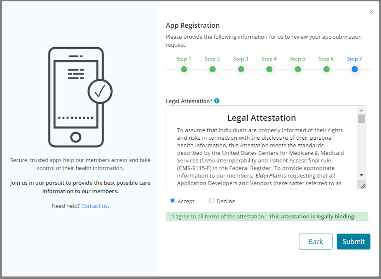App registration process with Legal Attestation statement and Accept/Decline radio buttons
