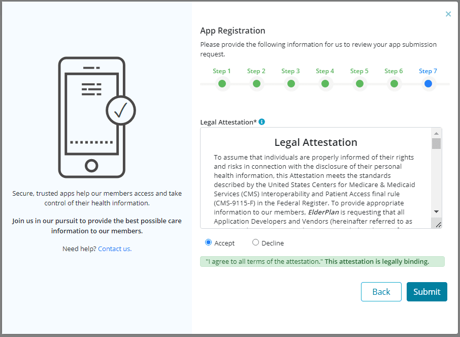 App registration process with Legal Attestation statement and Accept/Decline radio buttons