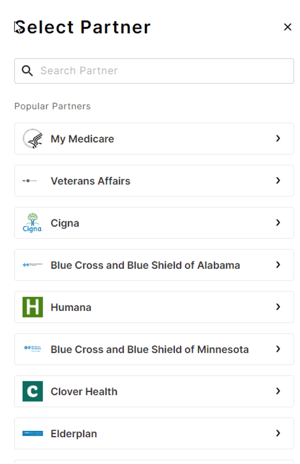 Selection screen with a search bar and different health system options, including Elderplan