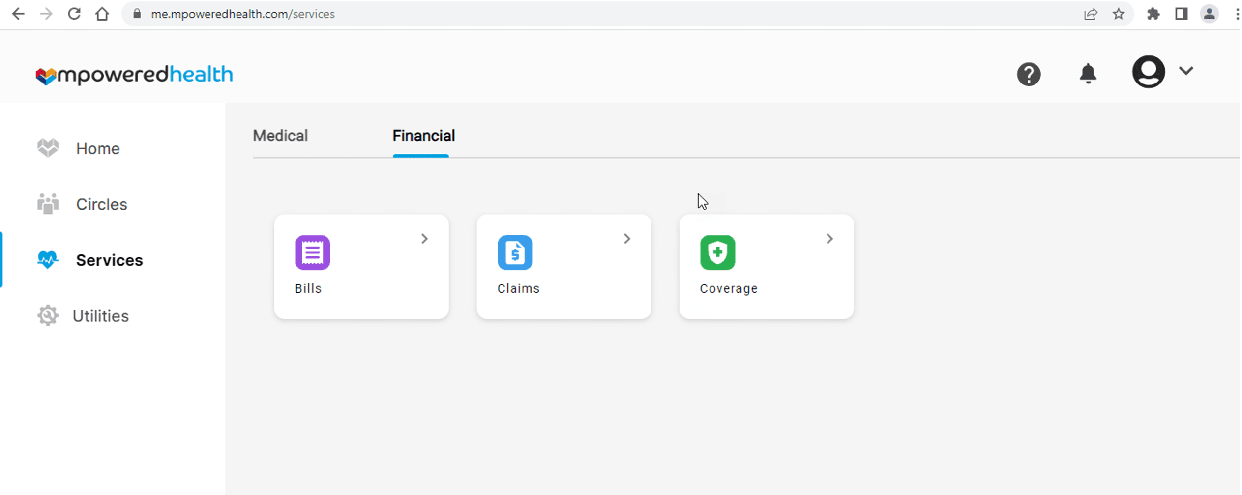 Services screen showing the financial data tab