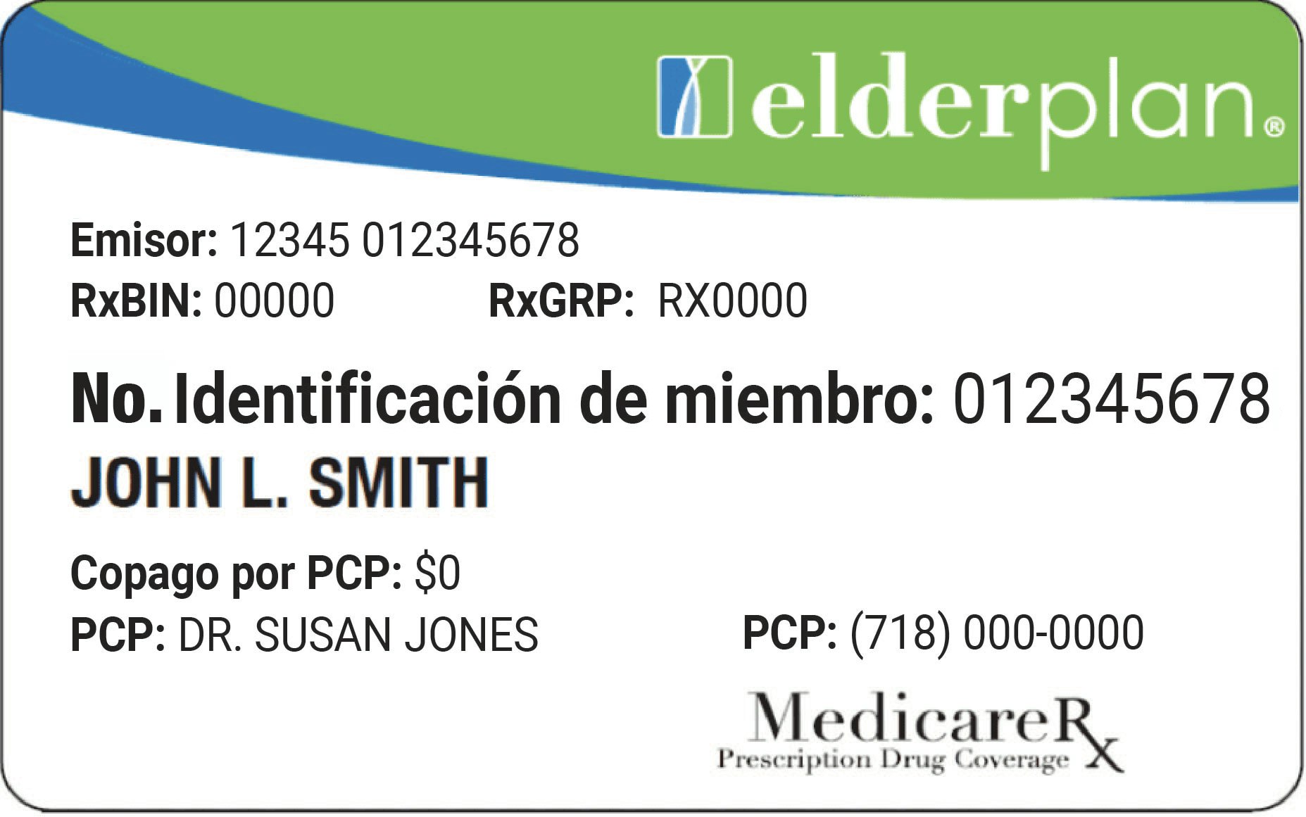 Imagen de la tarjeta de beneficios de Elderplan con ejemplo de n.º de identificación y nombre del participante