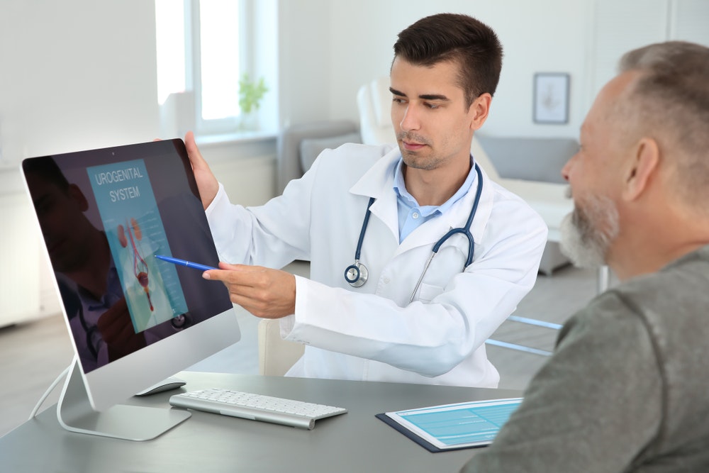 A doctor shows a patient some wellness materials on a computer screen